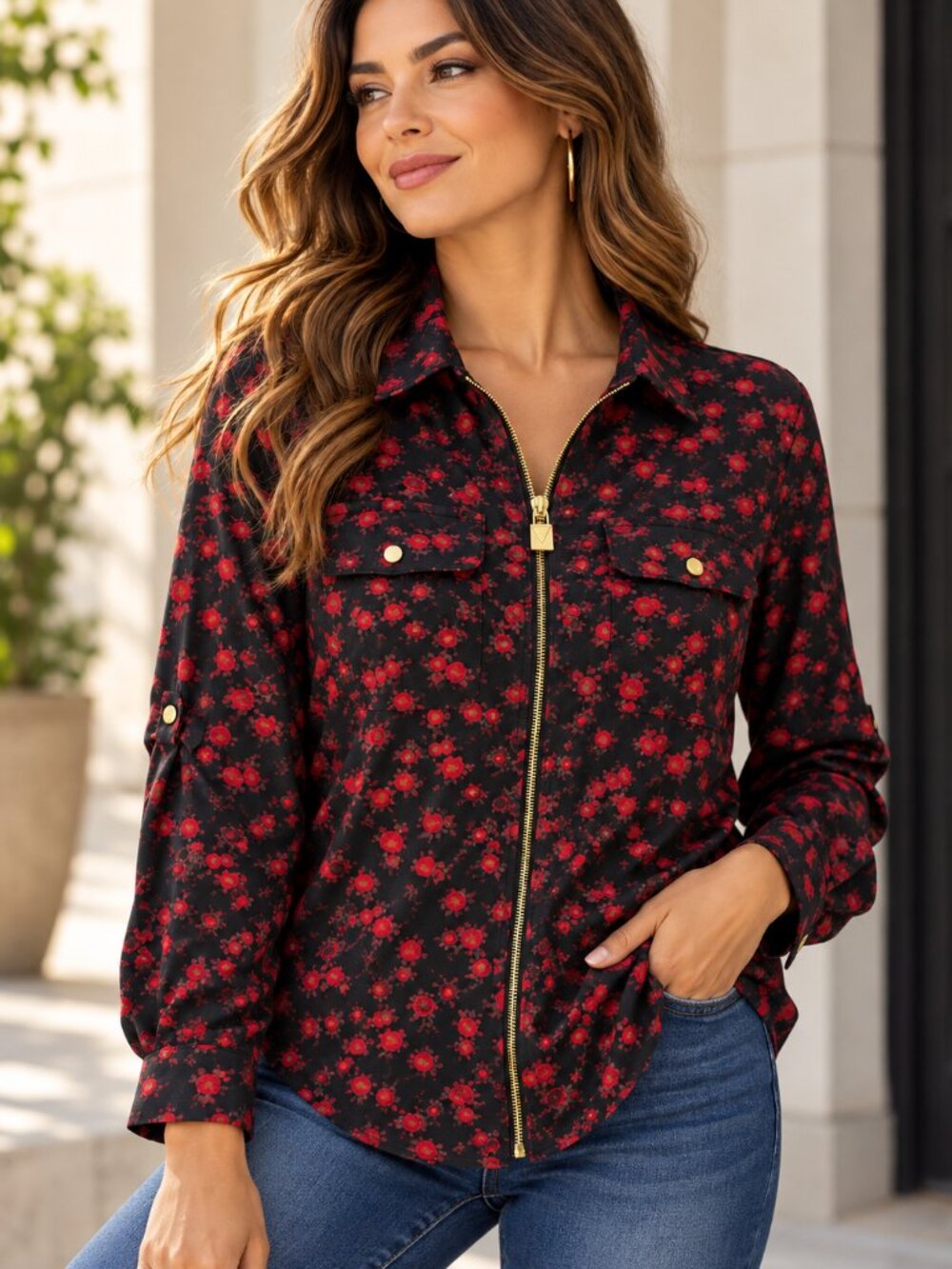 MICHAEL Michael Kors 2X Black Red Floral Zip Front Blouse Gold Hardware Plus - Picture 2 of 7